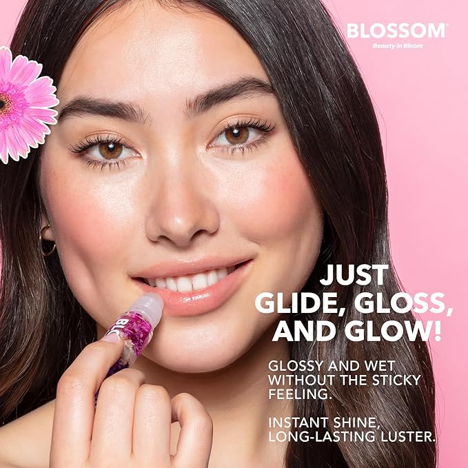 Blossom Roll on Lip Gloss, Scented Clear High Shine Moisturizing Lip Oil, Non Sticky, Infused with Real Flowers, Made in USA, 0.2oz, Mango