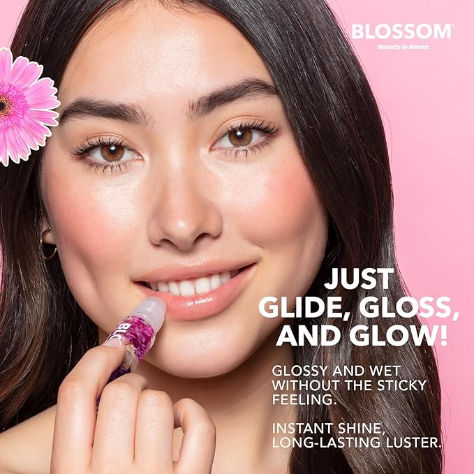 Blossom Roll on Lip Gloss, Scented Clear High Shine Moisturizing Lip Oil, Non Sticky, Infused with Real Flowers, Made in USA, 0.2oz, Raspberry Hemp