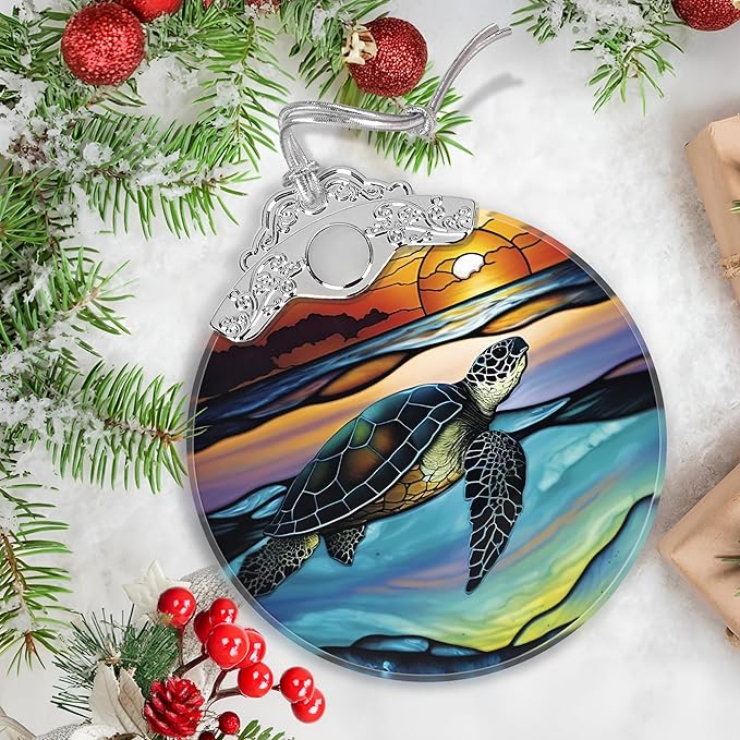 Christmas Stained Glass Sea Turtle Ornament - Holiday Home Decor - Tree Decoration - Gift Exchange Ideas