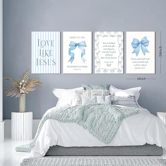 Light Blue Bow Christian Wall Art for Girls Dorm – Coquette Aesthetic Scripture Canvas Prints, Christian Wall Decor for Teen Room, or Bathroom – Framed Cute Spiritual Decor 16x24 inch