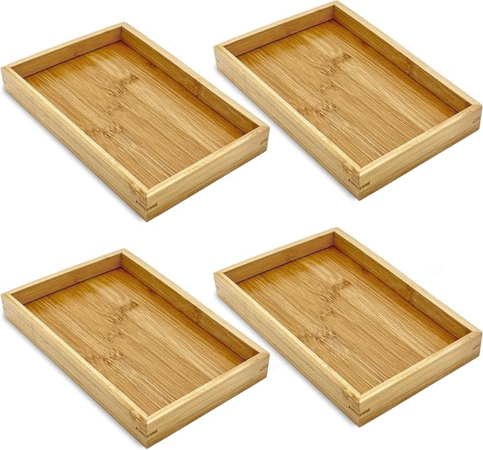 Bam & Boo (4-Pack) Natural Bamboo Rectangle Serving & Vanity Tray - for Kitchen, Bathroom, Countertop, Coffee Table (9.8" x 5.9" x 1.2")