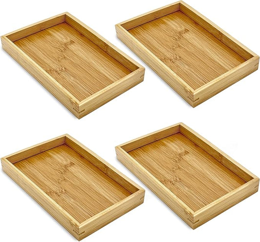 Bam & Boo (4-Pack) Natural Bamboo Rectangle Serving & Vanity Tray - for Kitchen, Bathroom, Countertop, Coffee Table (9.8" x 5.9" x 1.2")