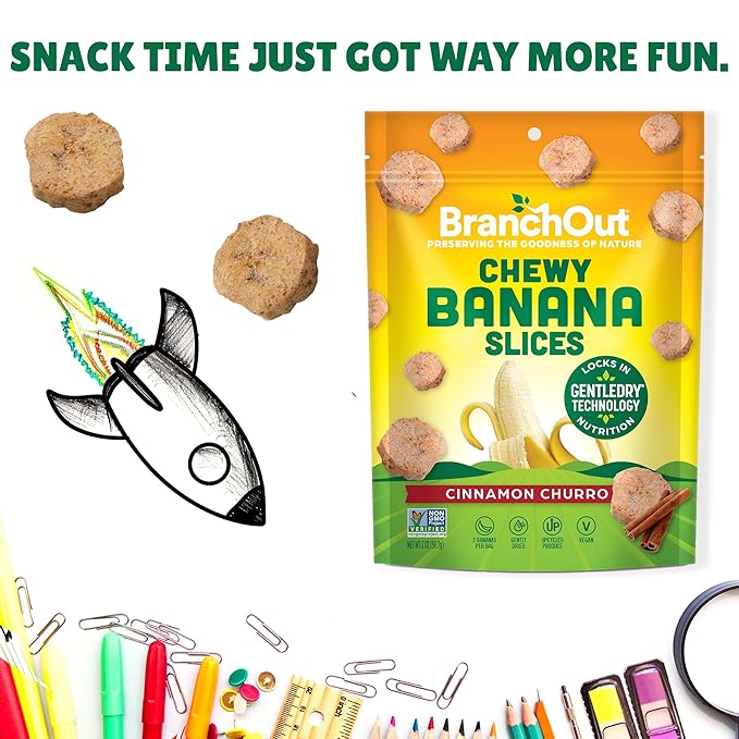 BranchOut Cinnamon Churro Banana Slices, Chewy & Full of Flavor, GentleDry, Better than Freeze Dried Banana Chips, Delicious Vegan Halloween Fruit Snacks for Kids & Adults, 2 oz Snack Size (Pack of 4)