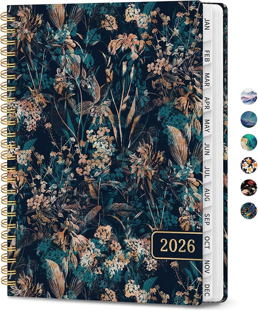 2026 Planner, Monthly and Weekly Calendar Planner for Women, January 2026 - December 2026, Hardcover Pretty 2026 Agenda Planner Book with Tabs, Spiral Bound, Perfect for School Office Home Supplies, 6.3" x 8.5" - Royal Flowers