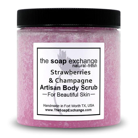 The Soap Exchange Sugar Body Scrub - Strawberries & Champagne Scent - Hand Crafted 16 fl oz / 480 ml Natural Artisan Skin Care, Shea Butter, Exfoliate, Moisturize, & Protect. Made in the USA.