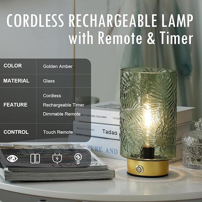 Cordless Lamp Rechargeable Battery Operated lamp, Glass Table Lamp Remote Control - Dimmable Brightness Touch Wireless Bedside Lamp for Bedroom Kitchen Dining Home Living Room Decor Green