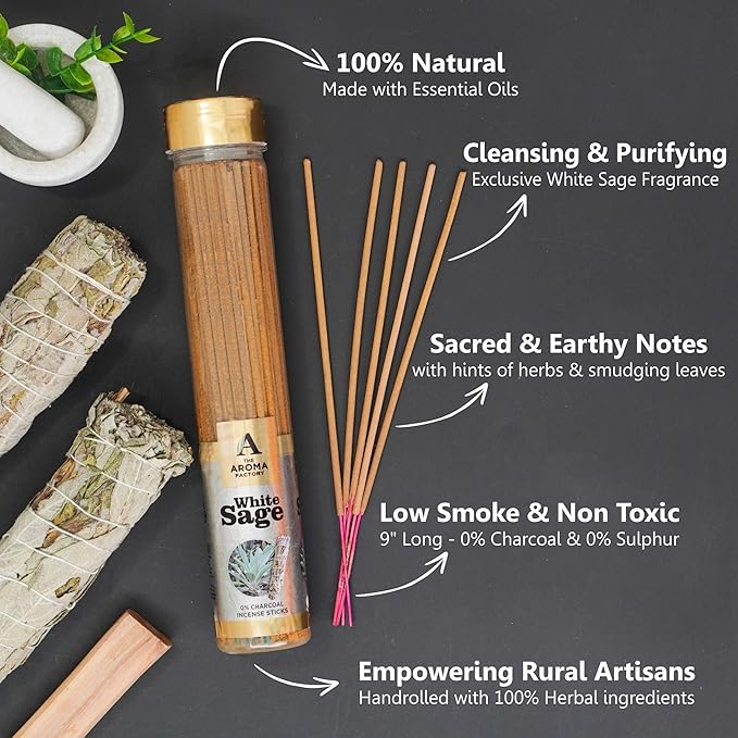 The Aroma Factory White Sage Charcoal Free Incense Stick, Scented Agarbatti, 100% Herbal Premium Aromatherapy, Meditation Prayer Relaxation, Crafted for Luxury Seekers (100g)