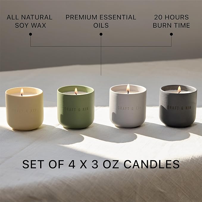 Craft & Kin Fall Scented Candles Discovery Set | 4 Pack of 3oz Candles | 20-Hour Burn Time, Soy Blend Wax, Cotton Wick, Ceramic Jars