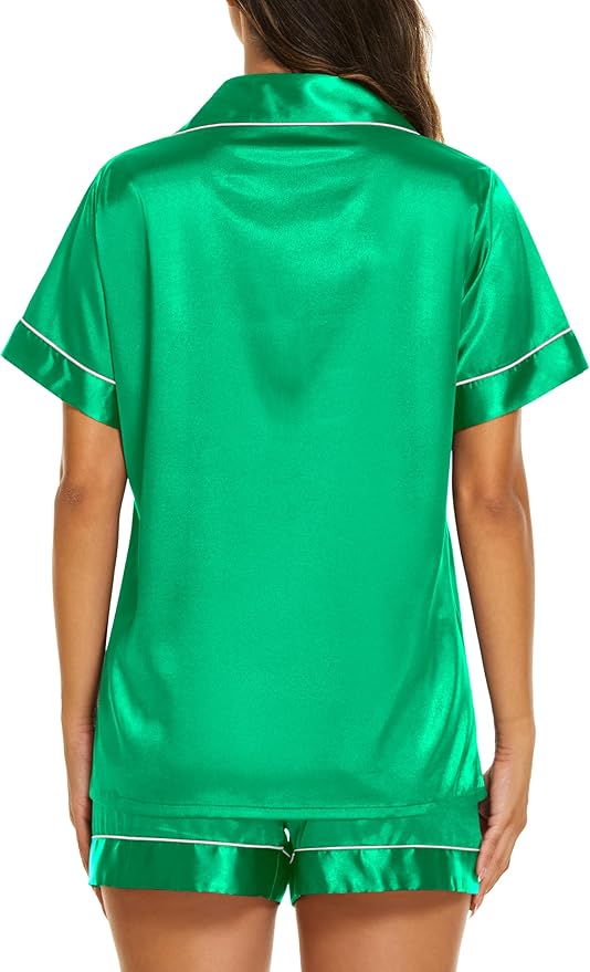 Ekouaer Silk Pajamas for Women Short Sleeve Sleepwear Soft Button Down Loungewear 2 Piece Satin Pjs Shorts Set S-XXL