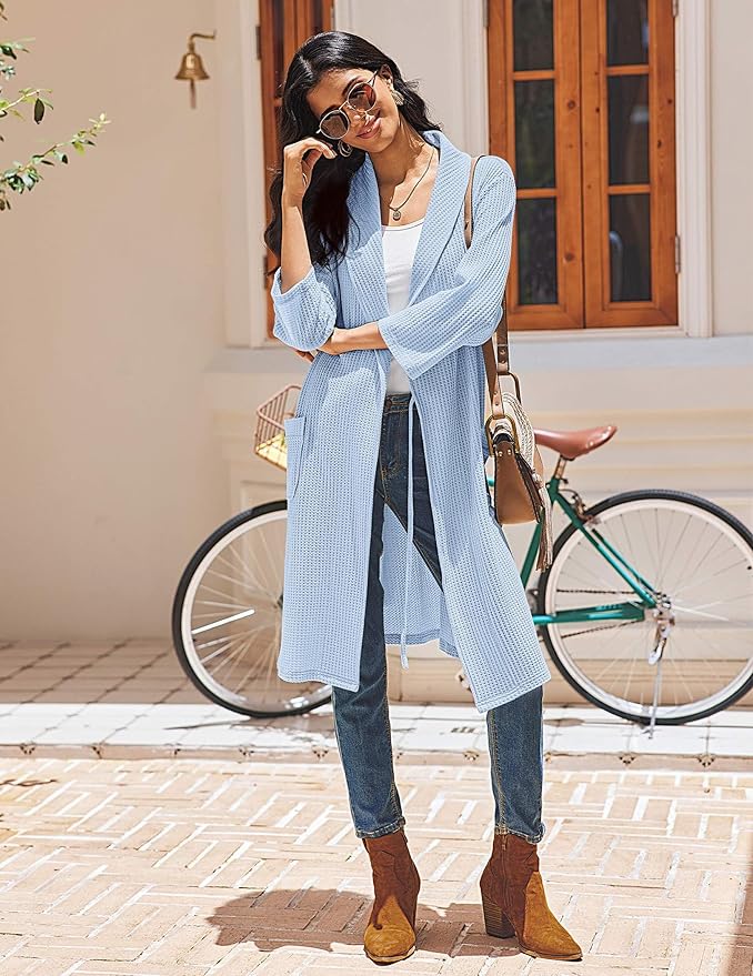 Ekouaer Robes for Women Waffle Knit Bathrobe Lightweight Kimono Robe Knee Length Loungewear with Pockets