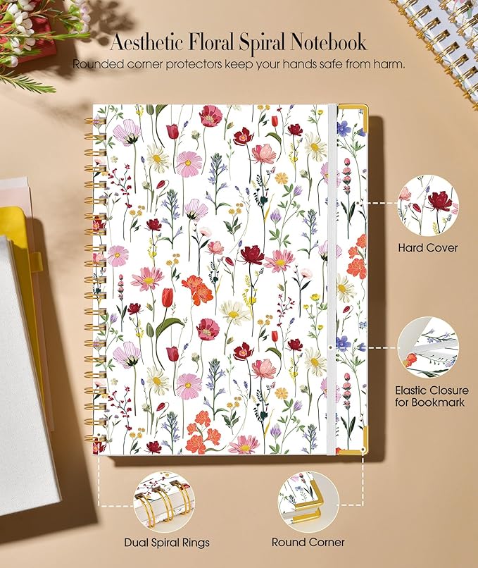 Cute Spiral Notebook Journal for Women, 160 Pages Lined Notebooks 5.75” x 8.38”, A5 Hardcover Spiral Journal with 100 GSM Thick Paper, College Ruled Notebook for Writing Work School, Wildflower Garden
