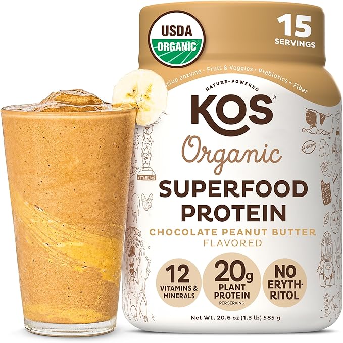 KOS Organic Plant Based Protein Powder, Chocolate Peanut Butter - Delicious Vegan Protein Powder - Keto Friendly, Gluten Free, Dairy Free & Soy Free - 15 Servings