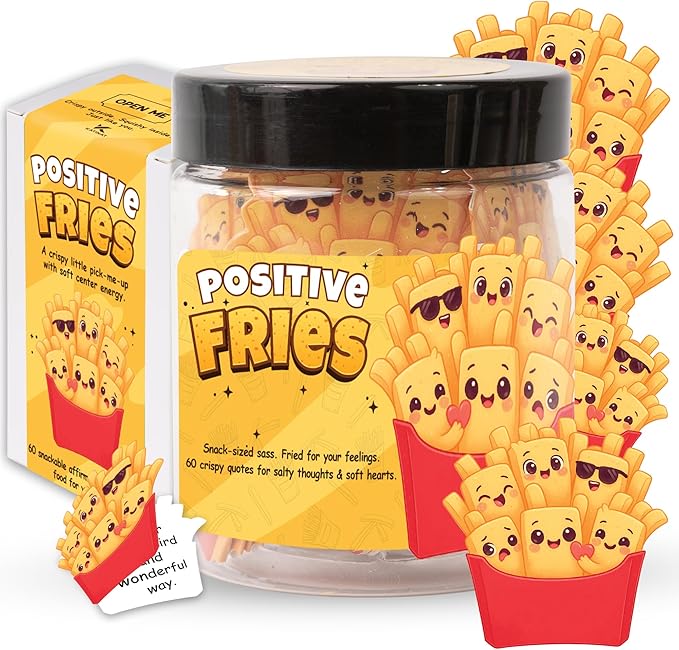 Positive Fries Jar – 60 Funny Affirmation Cards, Emotional Support Fries for Friends, Teens, Coworkers, Funny Foodie Gifts for Stress Relief and Positivity