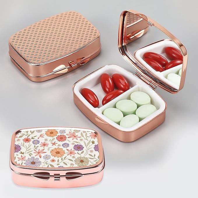 Dynippy Pill Case Pill Box with Mirror Retro Pocket 2 Compartment Medicine Case Vitamin Pill Organizer for Pocket Purse and Travel (Rose Gold-Wildflower Pattern)