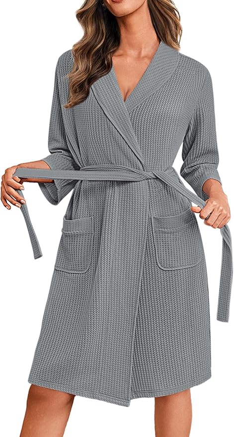 Ekouaer Robes for Women Waffle Knit Bathrobe Lightweight Kimono Robe Knee Length Loungewear with Pockets