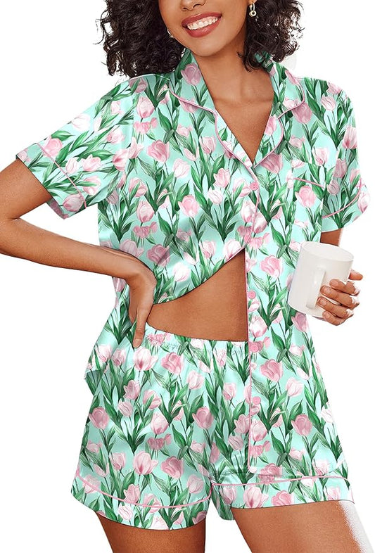 Ekouaer Silk Pajamas for Women Short Sleeve Sleepwear Soft Button Down Loungewear 2 Piece Satin Pjs Shorts Set S-XXL