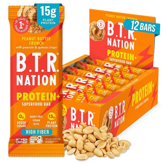 B.T.R Nation Vegan Keto Plant Based High Protein & HIgh Fiber Bars - Peanut Butter Crunch Protein+ | 12 Bars | Low Carb & GF, Free of Sugar Alcohols, Dairy, Soy, with Powerful Superfoods!
