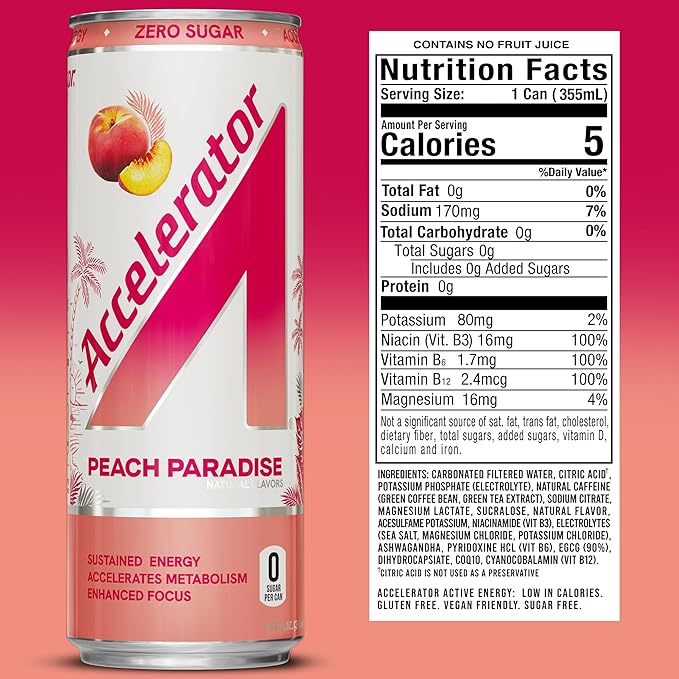 Accelerator Energy Drink Sugar Free, Peach Paradise 12oz can(12 pack)Zero Sugar Energy Drinks with Sustained Energy from 100% Natural Caffeine (200mg) & Green Tea extract