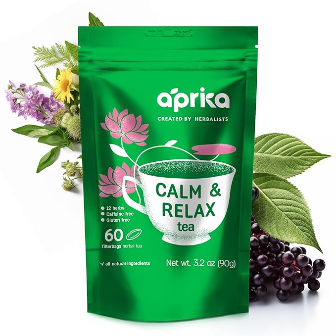 AprikaLife - Calm and Relax Herbal Tea with Chamomile, Peppermint, and Lavender - 60 Tea Bags. Delicious Herbal Blend for a Calming Experience