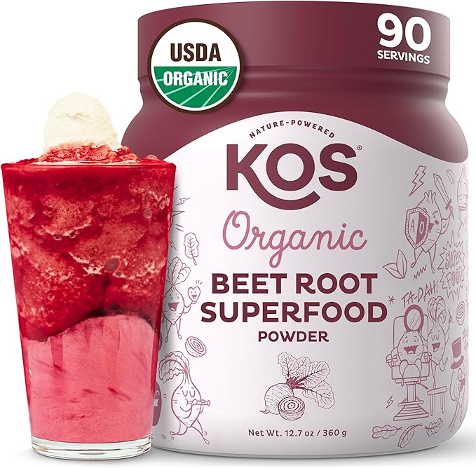KOS Organic Beet Root Powder, USDA Organic - Natural Nitric Oxide Booster, Superfood Plant Based Beetroot Antioxidant, Supports Active Lifestyle & Healthy Circulation, Soy & Gluten-Free - 90 Servings