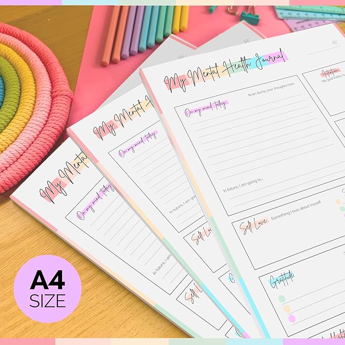 Mental Health Journal Planner | Daily Gratitude, Self Care, Intentions, Affirmations and Nutrition (Colorful, A4)