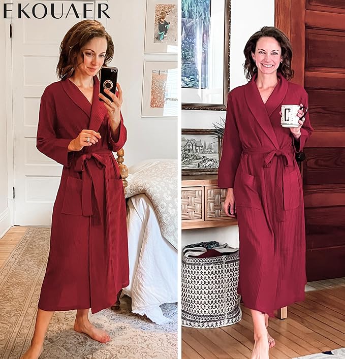 Ekouaer Robes for Women Long Waffle Knit Bathrobe Lightweight Kimono Robe Soft Shawl Collar Spa Robes with Pockets S-XXL