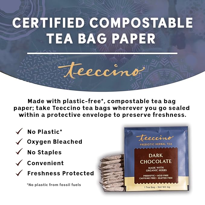 Teeccino Dark Chocolate Prebiotic SuperBoost™ Herbal Tea - Support Your Probiotics with Vegan GOS & Organic XOS For Good Gut Health and Regularity, 25 Tea Bags
