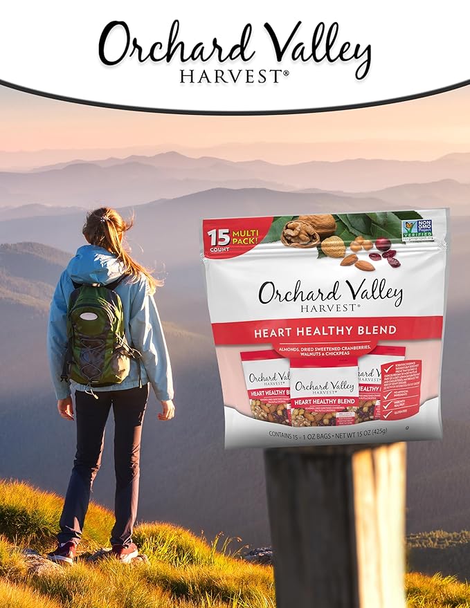 Orchard Valley Harvest Heart Healthy Blend, 1 Ounce Bags (Pack of 15), Almonds, Cranberries, Walnuts, and Chickpeas, Gluten Free, Non-GMO, No Artificial Ingredients, Healthy Snacks for Adults