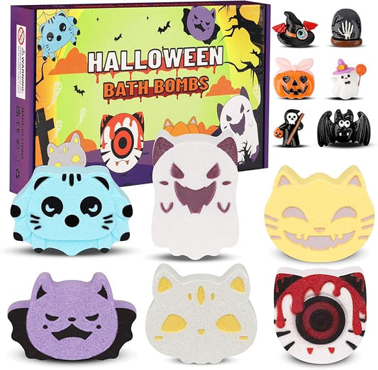 Halloween Bath Bombs for Kids,6 Pack Bubble Bath Bombs with Toys Inside,Halloween Spooky,Spider,Bat,Cat Shape Bath Bomb,Halloween Gifts for Kids Boys Girl