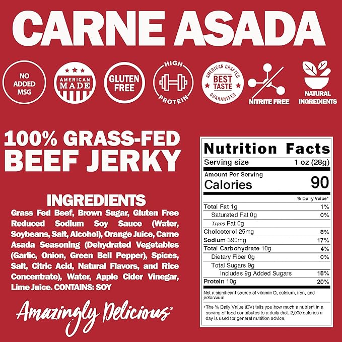 Field Trip Grass Fed Beef Jerky, Healthy Gluten Free Snacks, All Natural, High Protein, Low Carb Snack with No Nitrates, 2.2oz, 4 Pack, Carne Asada
