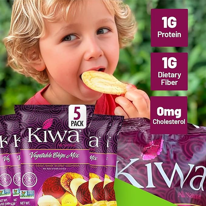 Kiwa Healthy Veggie Chips - Vegetable Snacks for Kids & Adults - Exotic Chips with Plantain, Beet, Parsnip, Cassava, Sweet Potato - Gluten-Free & Non-GMO (5 Individual Snacks Pack)