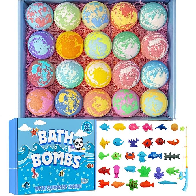 Bath Bombs for Kids with Surprise Fishing Games Inside for Girls Boys - 20 Kids Bath Bombs Gift Set, Handmade Bubble Bath Fizzes Bomb for Chrildren Birthday Christmas and Party Favor Gift for Boys