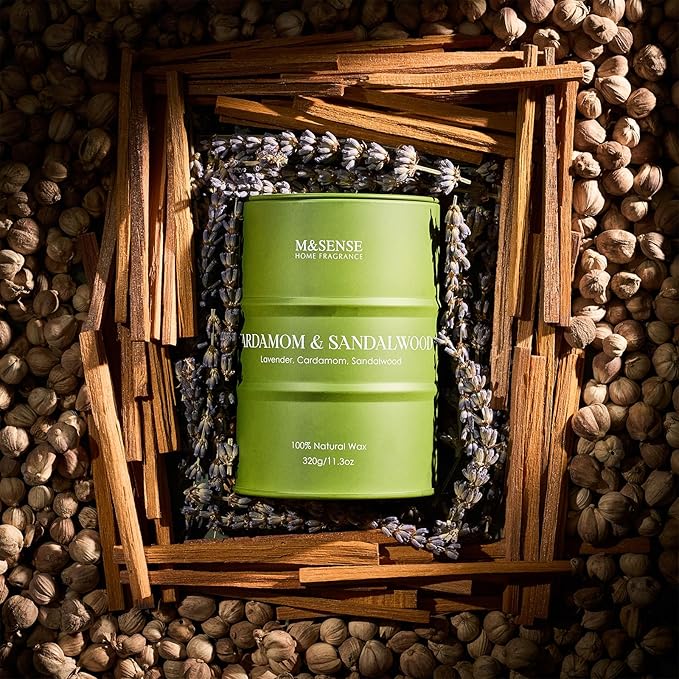 M&SENSE Cardamom Sandalwood Soy Scented Candles, Natural Organic Clean Burning Candles 11.3oz 70 Hours Long Lasting, Relaxing Aromatherapy Candles Gifts for Stress Relief