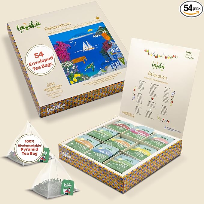 Lazika Herbal Tea Variety Pack with Lovely Presentation Box, 54 Counts, Relaxation Tea Assortment Gift Set, Premium Collection with Pyramid Infuser Bag, Handcrafted