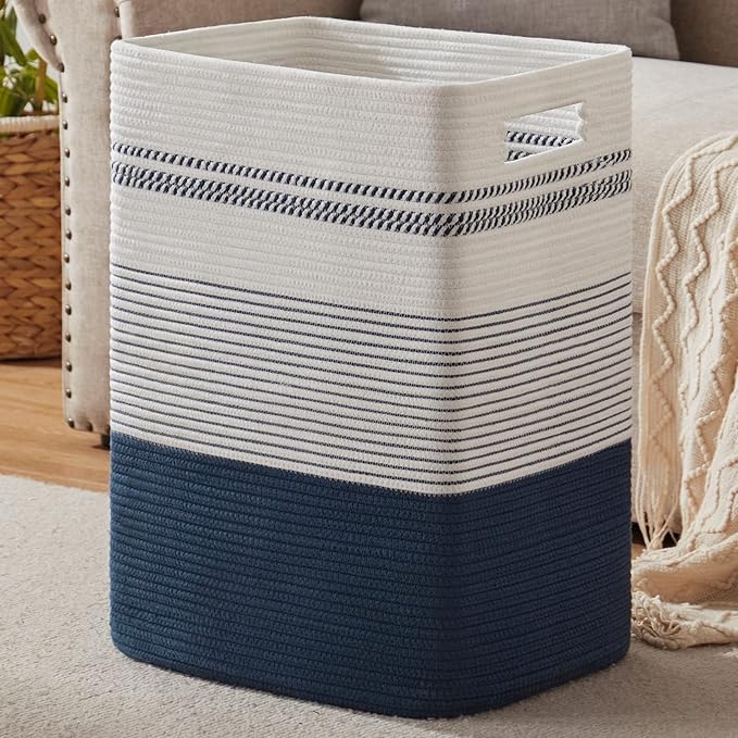 Laundry Hamper, Large Woven Rope Tall Laundry Basket with Handles, 22" X 17" X 13", Decorative Storage Basket for Clothes and Blankets in Living room, Bedroom, Dark Blue& White