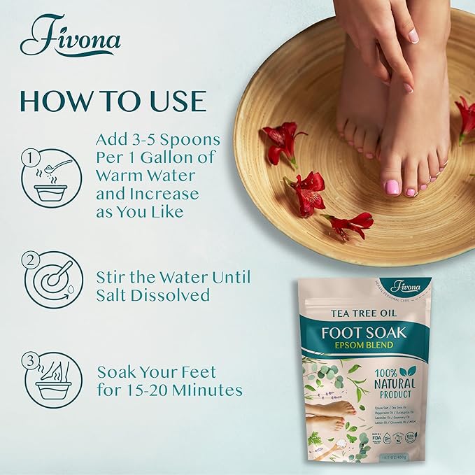 Fivona Tea Tree Foot Soak Blend 14.1 oz - Epsom Salt with Essential Oils for Healthy Toenails, Soothing Relief, Callus Softening - Pedicure Therapy for Soft, Rejuvenated Feet