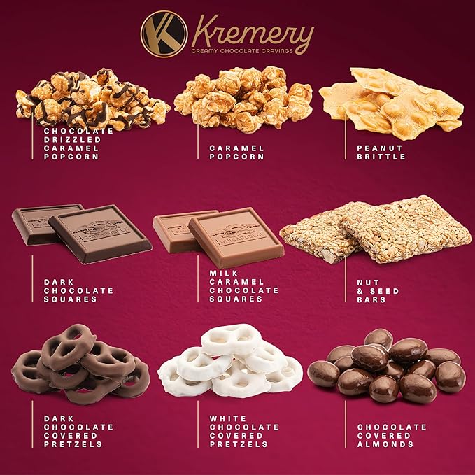 KREMERY Creamy Chocolate Cravings - Diwali Sweets Hamper Chocolate Covered Pretzels & Caramel Popcorn Gift Basket, in Seagrass Tray + Ribbon (Premium, 2.5 lbs) Food Arrangement