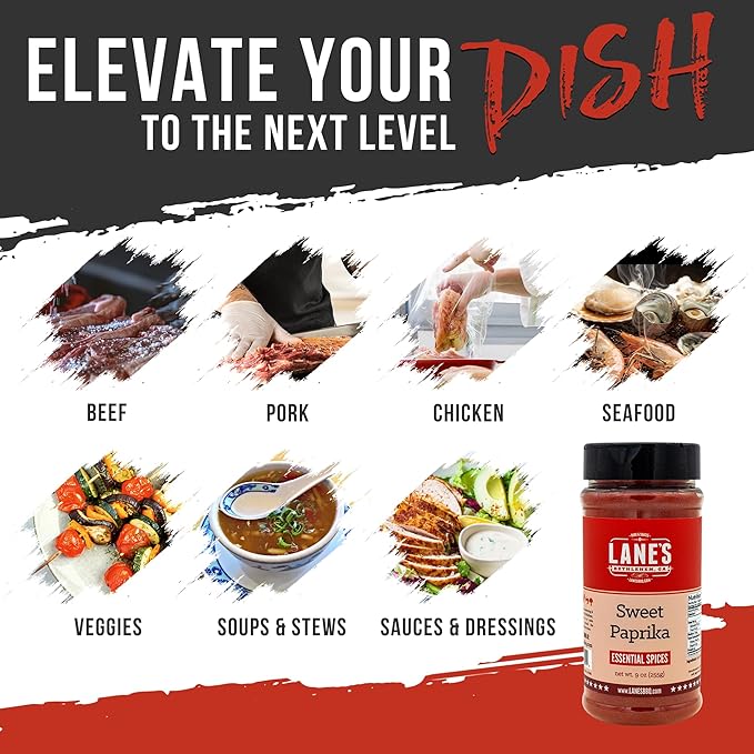 Lane's Sweet Paprika Powder, 9 oz - Premium Sweet Paprika Seasoning, Gluten-Free, All-Natural, No Preservatives, No MSG, Versatile Spice for Meats, Vegetables, and Flavorful Dishes, Made in the USA