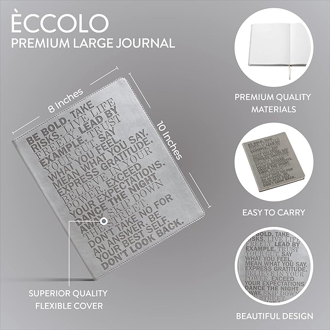 Eccolo Large Lined Journal Notebook, Flexible Cover, Writing Journal, 256 Ruled Ivory Pages, Ribbon Bookmark, Lay Flat, Desk Size for Work or School, Size Large, Be Bold - Gray