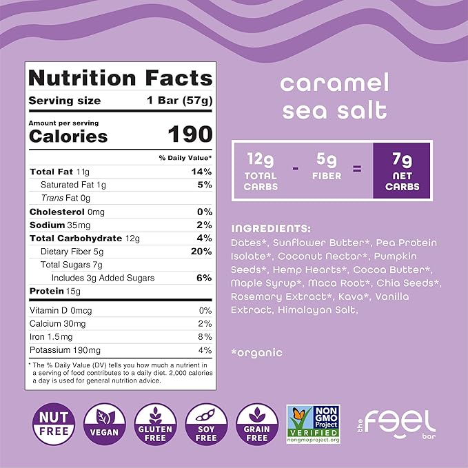Feel Vegan Protein Bars | Caramel Sea Salt | Keto | Gluten Free | Organic | Maca Root | 15g Plant Protein | Low Carb | High Protein | Dairy Free | Low Sugar | Nut, Grain, Soy Free | 10 Pack