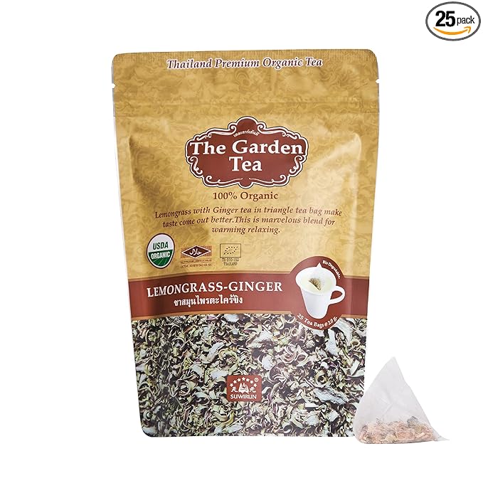 Suwirun Organic Lemongrass & Ginger Tea 25 Bags – Product of Thailand – Warming & Soothing Herbal Tea, Caffeine-Free, No Calories, Refreshing & Digestive Support