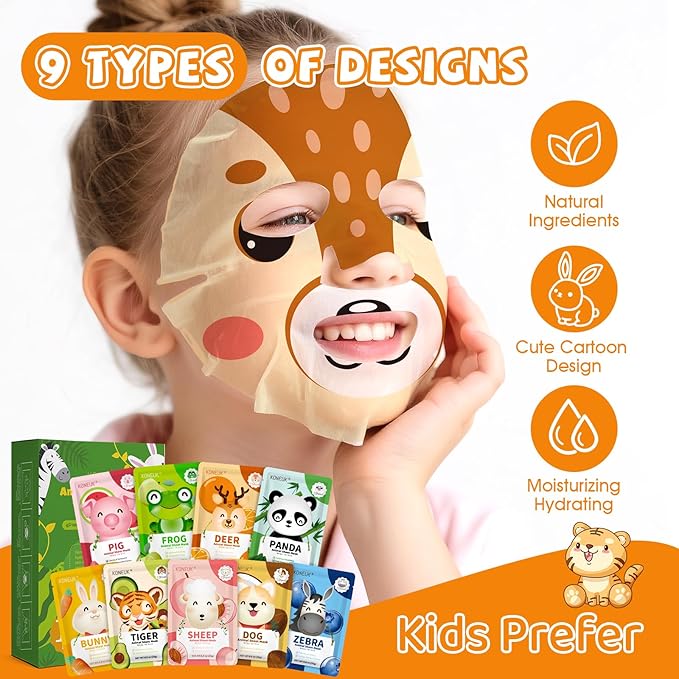 18 Pack Animal Face Mask for Kids, Bulk Sheet Face Masks Skincare for Girls, Collagen Hydrating Face Mask Spa Party Gifts for Teens, Christmas Gifts, Stocking Stuffers for Women