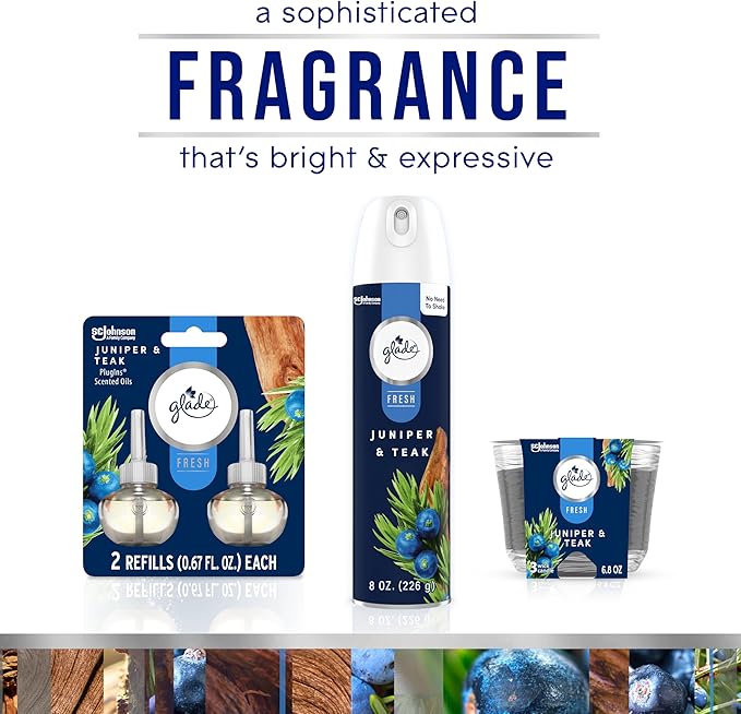 Glade PlugIns Refills Air Freshener, Scented and Essential Oils for Home and Bathroom, Juniper & Teak, Fresh Collection 3.35 Fl Oz, 5 Count