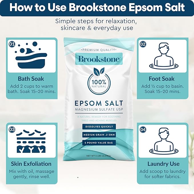 Brookstone 5 lb Epsom Salts Bulk Bag, Premium Magnesium Sulfate USP, Medium Grain – Unscented Salt Bath Soak, Bulk Epsom Salt Bath Soak for Soaking, Muscle Relief, Stress Relief & Skin Care