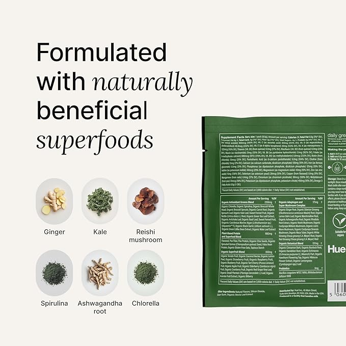 Huel Daily Greens Single Serve Lemon and Ginger | Superfood Greens Powder | 91 Vitamins, Minerals, and Wholefood-Sourced Ingredients | Adaptogens, Antioxidants, Gut-Friendly Probiotics | 12 Pack