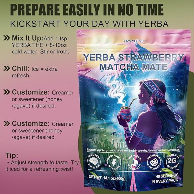40 Servings (14.1oz) Yerba Mate Instant Tea Powder, 3-in-1 Strawberry Matcha Flavored Low Sugar Super Drink to Support Energy & Focus with Prebiotics and Probiotics