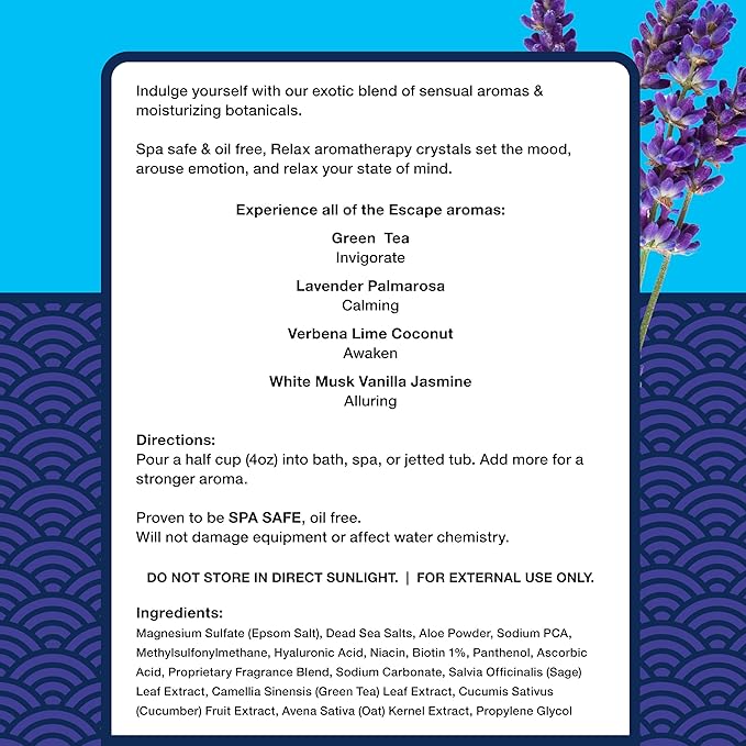 Relax Spa & Bath, Epsom & Dead Sea Salts, Aromatherapy Bath Salts for Hot Tub, Bath, or Spa, Infused with Magnesium, Lavender Palmarosa Scent