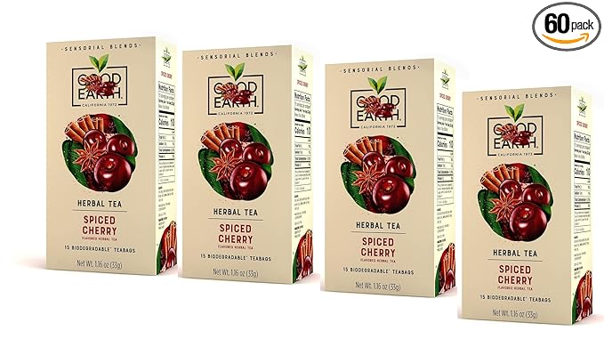 G00DEARTH Herbal Tea Spiced Cherry Flavored, Pack of 60 Teabags, Sensorial Blend, Natural, 15 Bags Per Box (Pack of 4) a Total of 60 Biodegradble Teabags