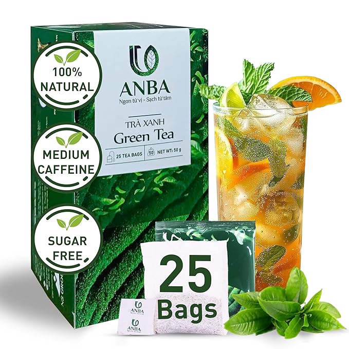 ANBA Green Tea Bags 25 Count | Easy to Brew | Naturally Fresh & Aromatic | Smooth & Refreshing Taste | Mild Natural Energy | Hight Caffeine | No Sugar Added | ISO HACCP Certified