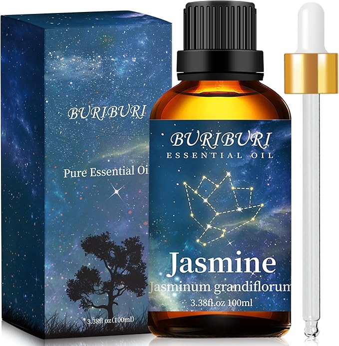 BURIBURI Jasmine Essential Oil 100% Pure Undiluted Aromatherapy Jasmine Oil 100ML/3.38fl.oz for Soap, Candle Making, Massage, Diffuser, Humidifier
